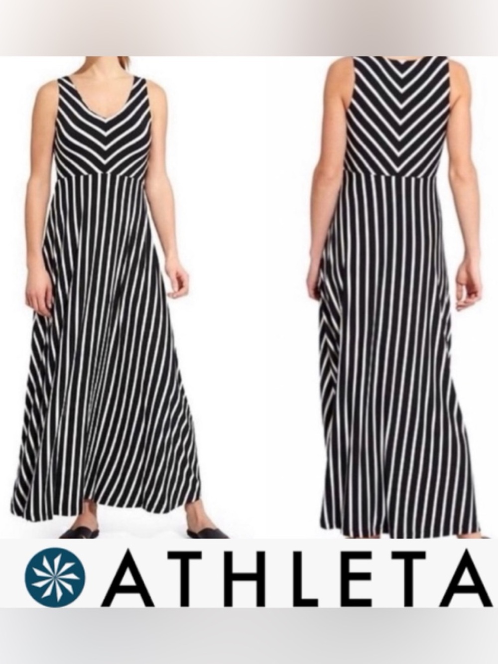 Athleta Black & White Striped Sleeveless V-Neck Maxi Dress